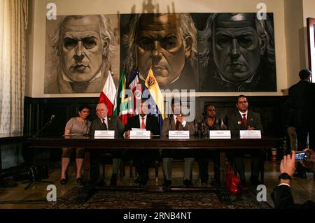 (160219) -- CARACAS, Feb. 19, 2016 -- Former Polish President and Nobel Peace Prize winner in 1983 Lech Walesa (2nd L), former Costa Rican President and Nobel Peace Prize winner in 1987 Oscar Arias (3rd L), deputy of Venezuela s National Assembly of the Democratic Unity Roundtable(MUD) Freddy Guevara (3rd R), and Mpho Tutu (2nd R), daughter of the Nobel Peace Prize winner in 1984 bishop Desmond Tutu, and Luis Florido (1st R), deputy of the MUD, take part in a press conference after their participation in a Special Session of the National Assembly of Venezuela, in Caracas, capital of Venezuela, Stock Photo