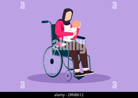 Design plat graphique dessinant les parents avec le bébé nouveau-né. Femme arabe tenir bébé, assis en fauteuil roulant. Femme handicapée tenant bébé dans ses bras. Famille Banque D'Images