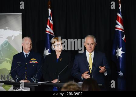 (160225) -- CANBERRA, Feb. 25, 2016 -- Australian Prime Minister Malcolm Turnbull (1st, R) speaks during the press conference of the launch of 2016 Defence White Paper with Chief of the Australian Defence Force Mark Binskin (1st, L) and Defence Minister Marise Payne at Australian Defence Force Academy (ADFA) in Canberra, capital of Australia, Feb. 25, 2016. ) AUSTRALIA-CANBERRA-DEFENSE WHITE PAPER-LAUNCH JustinxQian PUBLICATIONxNOTxINxCHN   Canberra Feb 25 2016 Australian Prime Ministers Malcolm Turnbull 1st r Speaks during The Press Conference of The Launch of 2016 Defence White Paper With Ch Stock Photo