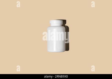 Bouteille de supplément blanche. Maquette de médecine. Modèle de vitamine d'étiquette vierge. Pot de pilules bio naturelles. Fond de couleur studio beige. Emballage transparent. Banque D'Images