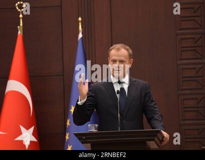 (160303) -- ANKARA, March 3, 2016 -- Visiting European Council President Donald Tusk delivers a speech at a joint press conference with Turkish Prime Minister Ahmet Davutoglu(not in the picture) in Ankara, Turkey, on March 3, 2016. Turkish Prime Minister Ahmet Davutoglu said on Thursday that Turkey abides by the joint refugee action plan it signed with the European Union (EU) and will continue to fulfill its part. ) TURKEY-ANKARA-EU-SYRIAN REFUGEE-ACTION PLAN Mustafaxkaya PUBLICATIONxNOTxINxCHN   Ankara March 3 2016 Visiting European Council President Donald Tusk delivers a Speech AT a Joint P Stock Photo