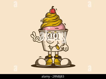 Illustration de personnage de mascotte vintage de tasse de crème glacée Illustration de Vecteur