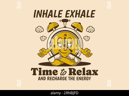 Time to relax and recharge energy, alarm clock mascot character in meditation pose, design in vintage style Stock Vector