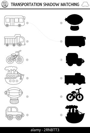 Les ombres noir et blanc de transport correspondent à l'activité. Puzzle de ligne de transport avec voiture mignonne, camion, bateau, vélo, bus. Trouvez la bonne impression silhouette Illustration de Vecteur