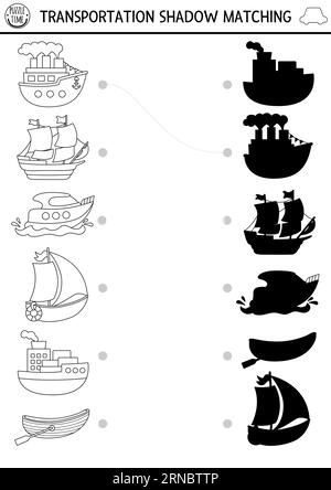 Les ombres noir et blanc de transport correspondent à l'activité. Puzzle de ligne de transport d'eau avec bateau mignon, yacht, bateau. Trouvez la silhouette correcte imprimable WO Illustration de Vecteur