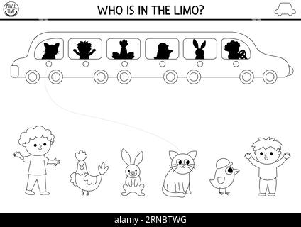 Les ombres noir et blanc de transport correspondent à l'activité. Puzzle de ligne de transport avec voiture limousine, passagers. Trouvez les œuvres imprimables de silhouette correctes Illustration de Vecteur