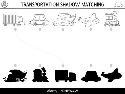 Les ombres noir et blanc de transport correspondent à l'activité. Puzzle de ligne de transport avec voiture, camion, bateau, avion, train. Trouvez la silhouette correcte imprimable Illustration de Vecteur