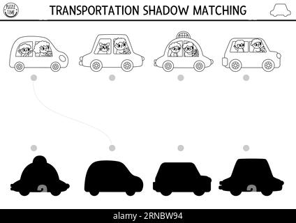 Les ombres noir et blanc de transport correspondent à l'activité. Puzzle de ligne de transport avec des voitures mignonnes, taxi, chauffeurs. Trouvez le travail imprimable de silhouette correct Illustration de Vecteur