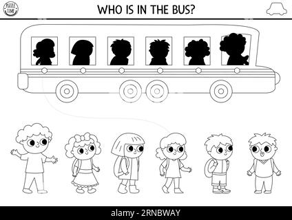 Transportation black and white shadow matching activity. Transport line puzzle with school bus, pupils. Find correct silhouette printable worksheet. F Stock Vector