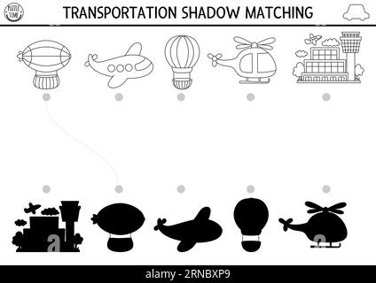Transportation black and white shadow matching activity. Air transport line puzzle with zeppelin, plane, helicopter, airport. Find correct silhouette Illustration de Vecteur