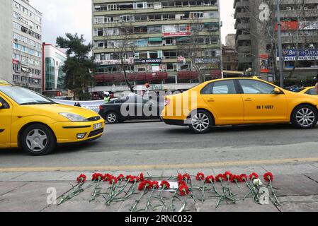 Bilder des Tages Anschlag in Ankara: Trauer um Opfer (160315) -- ANKARA, March 15, 2016 -- Flowers are placed in remembrance of the victims at the scene of the terrorist attack in Ankara, Turkey, March 15, 2016. The Sunday attack took place in Kizilay district in the heart of Ankara at 18:35 local time (GMT 1635), killing at least 37 people and injuring 71 others, according to the Turkish health minister. ) TURKEY-ANKARA-ATTACK-AFTERMATH MustafaxKaya PUBLICATIONxNOTxINxCHN   Images the Day Stop in Ankara Mourning to Victims  Ankara March 15 2016 Flowers are placed in Remembrance of The Victims Stock Photo