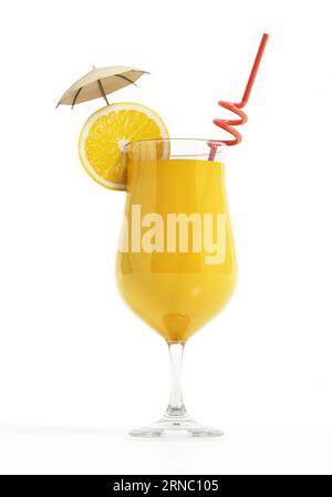 Verre de coctail avec paille rouge, tranche orange et un parapluie de coctail isolé sur fond blanc. Illustration 3D. Banque D'Images