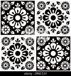 Mexicain talavera mignon motif sans couture de vecteur de tuile florale avec des fleurs et des feuilles noires et blanches, décoration de la maison rétro Illustration de Vecteur