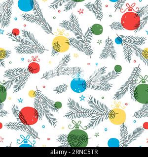 Lovely hand drawn Christmas seamless pattern, cute greenery, colorful baubles and snowflakes, great for textiles, wrapping, banners, wallpapers - vect Stock Vector