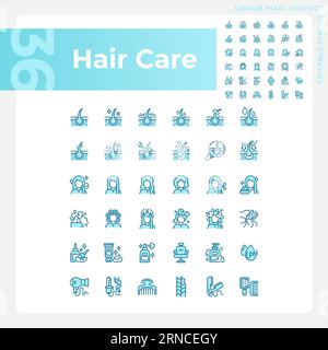 Collection modifiable d'icônes de soins capillaires bleu pixel Perfect Illustration de Vecteur