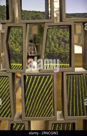 VÉRONE, le 11 avril 2016 -- Un verre de vin rouge est vu sur un stand pendant Vinitaly à Vérone, Italie, le 11 avril 2016. Vinitaly 2016, la 50e édition de ce salon international du vin, a débuté dimanche et se déroulera jusqu’au mercredi 13 avril. Les commerçants de plus de 140 régions et pays sont attendus pour assister à des dizaines d'événements, y compris des réunions b2b, des expositions, des dégustations exclusives et de la haute cuisine pour promouvoir l'industrie du vin. ITALIE-VERONA-WINE-FAIR JinxYu PUBLICATIONxNOTxINxCHN Vérone avril 11 2016 un verre de vin rouge EST des lacs SUR un stand pendant Vinitaly à Vérone Italie LE 11 201 avril Banque D'Images