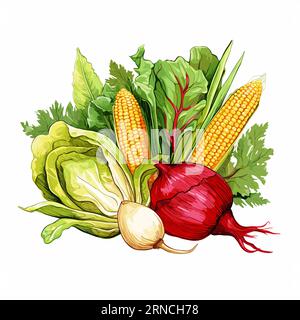 Légumes isolés sur fond blanc, dans le style du pinceau réaliste, jaune et cramoisi, Amérique rurale, coupe sur bois, composition traditionnelle Illustration de Vecteur