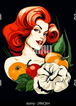 Une image d'affiche d'Une femme avec des cheveux rouges et des fleurs blanches, dans le style de rétro glamour, vert foncé et orange, belles femmes, illustrations vivantes, Illustration de Vecteur