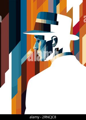 Un homme portant un chapeau et Une cravate, dans le style de la composition audacieuse et graphique, rétro futurisme, Portraits de ville, ambre foncé et ambre, illustratif, Portr Illustration de Vecteur