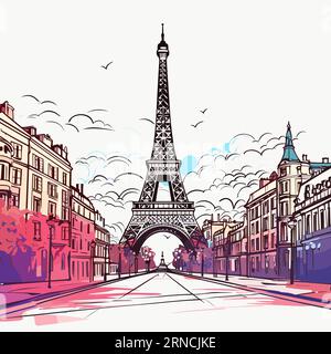 Une illustration montrant la Tour Eiffel et les rues de Paris, dans le style des dégradés de couleurs vibrantes, croquis-like, violet clair et rouge, encre-was Illustration de Vecteur