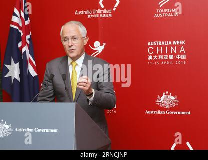 (160414) -- SHANGHAI, le 14 avril 2016 -- le Premier ministre australien Malcolm Turnbull prononce un discours au Shanghai Expo Center à Shanghai, dans l'est de la Chine, le 14 avril 2016. Turnbull était en visite officielle en Chine du jeudi au vendredi. ) (Ry) CHINA-SHANGHAI-AUSTRALIAN PM-VISIT (CN) DingxTing PUBLICATIONxNOTxINxCHN 160414 Shanghai avril 14 2016 le Premier ministre australien Malcolm Turnbull prononce un discours AU Shanghai EXPO Center à Shanghai East China avril 14 2016 Turnbull what ON visite officielle en Chine du jeudi au vendredi Ry China Shanghai le PM australien visite au CN DingxTing PUBL Banque D'Images