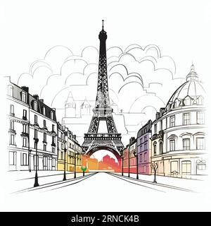 France Postcard Paris Eiffel Tower — Drawing, In The Style Of Simplistic Vector Art, Gray And Amber, Dreamlike Cityscapes, Illustrative Pen-And-Ink Sk Stock Vector