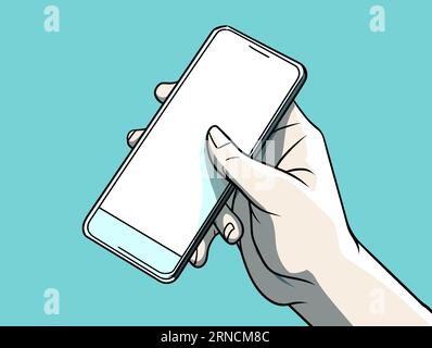 Une personne tenant Un smartphone avec Un écran vide, dans le style de Vintage Comic style, Sky-Blue et Noir, surfaces lisses, lignes fines, C délicat Illustration de Vecteur