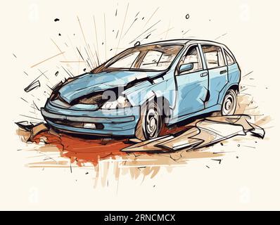 Une voiture bleue endommagée dessinée dans Une illustration vectorielle de style Sketch, dans le style de la peinture conceptuelle, une attention réaliste aux détails, inspirée du Manga Illustration de Vecteur
