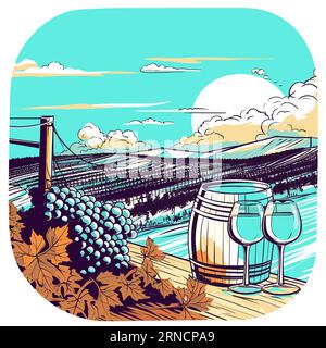 A Watercolor Illustration Of Grapes Wines Barrels And Vineyard, In The Style Of Pop Art Cartoonish Illustration, Coastal Landscapes, Fisheye Effects, Illustration de Vecteur
