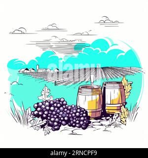 Champ de vin avec raisins et baril, dans le style des illustrations croustillantes, Cyan et beige, paysages côtiers, illustrations de logo Illustration de Vecteur