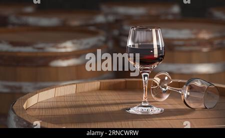 Verre avec délicieux vin rouge sur tonneau en bois. Fûts de vin dans Cellar. Vin rouge avec fond en bois Old Barrel. illustration 3d. Banque D'Images