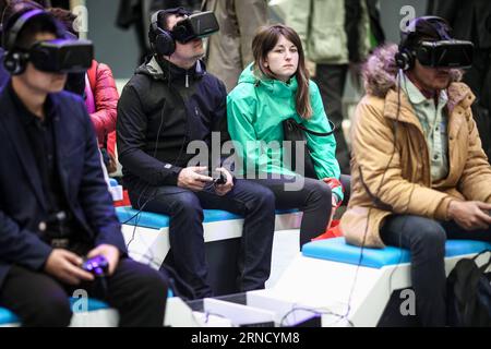 Hannover Messe (160425) -- HANOVER, April 25, 2016 -- Visitors try virtual reality glasses at the AT&T stand of the 2016 Hanover industrial trade fair in Hanover, Germany, on April 25, 2016. More than 5,200 exhibitors from over 70 countries and regions attended the fair. ) GERMANY-HANOVER-INDUSTRIAL TRADE FAIR ZhangxFan PUBLICATIONxNOTxINxCHN   Hanover trade Fair 160425 Hanover April 25 2016 Visitors Try Virtual Reality Glasses AT The AT stand of The 2016 Hanover Industrial Trade Fair in Hanover Germany ON April 25 2016 More than 5 200 exhibitors from Over 70 Countries and Regions attended The Stock Photo