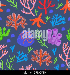 Cute vector colorful seamless pattern with red corals on dark background. Coral reef, shells, star fish. Vector illustration Illustration de Vecteur