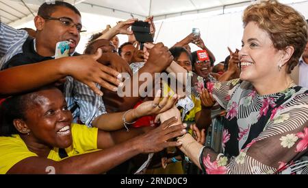 SALVADOR (BRAZIL), April 26, 2016 -- Photo provided by Brazil s Presidency shows Brazilian President Dilma Rousseff (R) interacting with supporters during the handover ceremony of housing units, in Salvador de Bahia, Brazil, on April 26, 2016. Roberto Stuckert Filho/Brazil s Presidency) BRAZIL-SALVADOR-POLITICS-ROUSSEFF BRAZILIANxPRESIDENCY PUBLICATIONxNOTxINxCHN   Salvador Brazil April 26 2016 Photo provided by Brazil S Presidency Shows Brazilian President Dilma Rousseff r interacting With Supporters during The Handover Ceremony of Housing Units in Salvador de Bahia Brazil ON April 26 2016 Ro Stock Photo