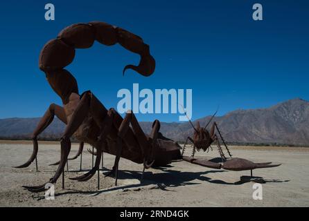 (160502) -- LOS ANGELES, May 2, 2016 -- A giant steel welded scorpion is seen in the desert of Borrego Springs, Los Angeles, the United States on May 2, 2016. Dennis Avery, a late philanthropist of Borrego Springs, envisioned the idea of adding Sky Art to his property with original steel welded sculptures created by artist Ricardo Breceda based in Perris, California. Besides a 350-foot-long fanciful serpent, visitors can see over 130 metal sculptures installed in the desert of Borrego Springs. ) U.S.-LOS ANGELES-BORREGO SPRINGS-SKY ART-SCULPTURE YangxLei PUBLICATIONxNOTxINxCHN   160502 Los Ang Stock Photo