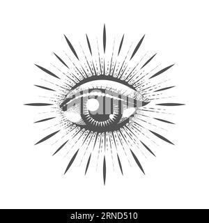 Monochrome Esoteric Engraving Tattoo of Masonic Symbol All Seeing Eye Engraving Tattoo isolated on white. Vector illustration. Stock Vector