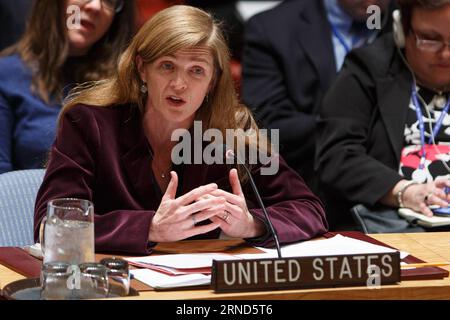 Sitzung des un-Sicherheitsrats zum Friedensprozess in syrien (160504) -- NEW YORK, le 4 mai 2016 -- Samantha Power, représentante permanente des États-Unis auprès des Nations Unies, s'adresse à la réunion du Conseil de sécurité des Nations Unies sur la Syrie au siège des Nations Unies à New York, le 4 mai 2016. Mercredi, les Nations Unies ont exhorté les parties syriennes à respecter la cessation des hostilités à Alep, une grande ville du nord de la Syrie qui a connu une escalade des combats violents.) ONU-NEW YORK-CONSEIL DE SÉCURITÉ-SYRIE LixMuzi PUBLICATIONxNOTxINxCHN Réunion du Conseil de sécurité des Nations Unies pour le processus de paix en Syrie 160504 Banque D'Images