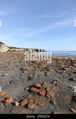 Rochers colorés sur la plage de Blast avec vue sur Noses point, Durham Heritage Coast, Seaham, County Durham, UK Banque D'Images