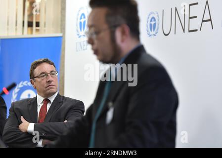 (160524)-- NAIROBI, May 24, 2016 -- UNEP Executive Director Achim Steiner (L) listens to He Kebin, Dean at the School of Environment at the Tsingua University in China, who is introducing A Review of Air Pollution Control in Beijing: 1998-2013 during a press conference of the ongoing second edition of the United Nations Environment Assembly in Nairobi, Kenya, May 24, 2016. The United Nations Environmental Program (UNEP) has said there is need for governments to refashion policy interventions aimed at reducing air pollution. ) KENYA-NAIROBI-UNITED NATIONS ENVIRONMENT ASSEMBLY-AIR POLLUTION CONT Stock Photo