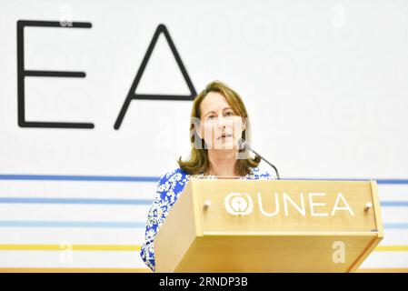 (160526) -- NAIROBI, le 26 mai 2016 -- la ministre française de l'Environnement, de l'Energie et de la Mer, Segolene Royal, prend la parole lors de l'ouverture du segment de haut niveau de la deuxième édition de l'Assemblée des Nations Unies pour l'Environnement (UNEA2) à Nairobi, Kenya, le 26 mai 2016. La deuxième édition de l'Assemblée des Nations Unies pour l'environnement (UNEA2) est entrée dans le pays d'origine jeudi avec des dignitaires renouvelant l'appel à des efforts concertés pour accélérer la croissance économique à faible émission de carbone et inclusive. KENYA-NAIROBI-ASSEMBLÉE DES NATIONS UNIES POUR L'ENVIRONNEMENT-CROISSANCE VERTE ET INCLUSIVE SUNXRUIBO PUBLICATIONXNOTXINXCHN 160526 NAIRO Banque D'Images