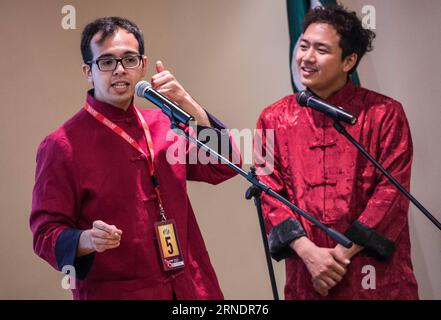 (160528) -- SANTIAGO, le 27 mai 2016 -- des étudiants participent au concours de pont chinois 2016 au Grand Hall de l'Université Santo Tomas à Santiago, Chili, le 27 mai 2016. Deux étudiants chiliens ont gagné vendredi la chance de participer au concours Chinese Bridge 2016 à Pékin. Eduardo Ovando et Jose Alvarez ont respectivement remporté les concours de langues à l'université et au secondaire pour participer au concours annuel de compétences en chinois. CHILI-SANTIAGO-CHINESE BRIDGE CONTEST JorgexVillegas PUBLICATIONxNOTxINxCHN 160528 Santiago Mai 27 2016 les étudiants participent à la Banque D'Images
