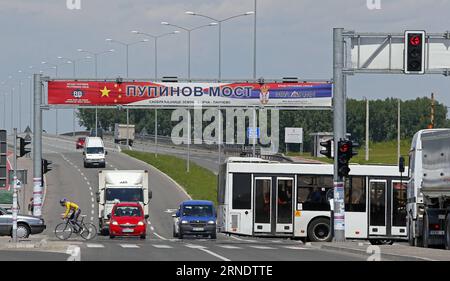 (160531) -- BELGRADE, May 31, 2016 -- Photo taken on May 18, 2016 shows the Pupin Bridge in Belgrade, Serbia, a symbol of Chinese-Serbian friendship. The Bridge, named after Serbian scientist and inventor Mihajlo Pupin, was opened by Premier of the People s Republic of China Li Keqiang and his Serbian counterpart Aleksandar Vucic on December 18, 2014. As the second bridge over the Danube river in Belgrade, it has ended the history that for 70 years there was only one bridge in Belgrade over Danube. Connecting Zemun on the south of Danube and Borca on the north, the bridge has shortened the tra Stock Photo