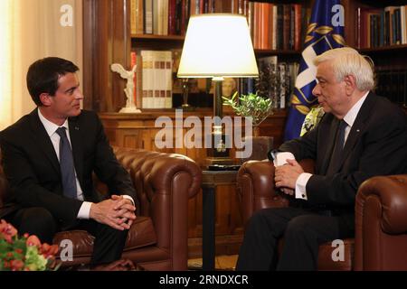 (160602) -- ATHENS, June 2, 2016 -- Greek President Prokopis Pavlopoulos(R) talks with French Prime Minister Manuel Valls during their meeting in Athens, Greece, June 2, 2016. ) GREECE-ATHENS-PRESIDENT-FRANCE-MEETING MariosxLolos PUBLICATIONxNOTxINxCHN   160602 Athens June 2 2016 Greek President Prokopis Pavlopoulos r Talks With French Prime Ministers Manuel Valls during their Meeting in Athens Greece June 2 2016 Greece Athens President France Meeting MariosxLolos PUBLICATIONxNOTxINxCHN Stock Photo