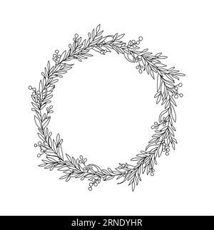 Couronne de Noël avec des baies de houx, GUI, fleurs et feuilles dessinées à la main dessin à l'encre noire. Illustration vectorielle isolée sur fond blanc Illustration de Vecteur