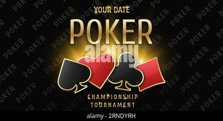 Bannière de tournoi de championnat de poker. Logo de poker avec puces de costume. Clubs, diamants, pique, coeurs sur fond noir. Illustration vectorielle. Illustration de Vecteur