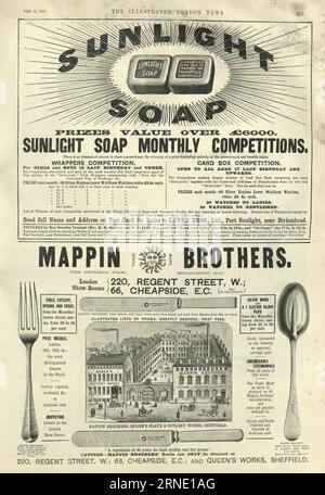 Page d'annonces de journaux victoriens, années 1890, 19e siècle. Savon solaire, couverts Mappin Brothers Sheffield Banque D'Images