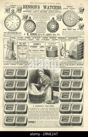 Page of victorian newspaper adverts. Sunlight soap, Benson's watches, night lights, 19th Century Stock Photo