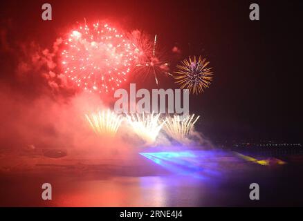 YICHANG, le 8 juin 2016 -- une photo prise le 8 juin 2016 montre un concert de feu d'artifice tenu dans le comté de Zigui, dans la province du Hubei, en Chine centrale. Zigui est la ville natale de Qu Yuan, un poète patriotique qui s'est noyé avant que son État ne tombe sous l'invasion de l'ennemi pendant la période des États combattants (475-221 av. J.-C.). Le concert de feu d'artifice a eu lieu ici pour le commémorer mercredi avant le Festival de Duanwu qui tombe le 9 juin de cette année. (Zwx) CHINA-HUBEI-QU YUAN-HOMETOWN-FIREWORK CONCERT (CN) ZhengxJiayu PUBLICATIONxNOTxINxCHN Yichang juin 8 2016 photo prise LE 8 2016 juin montre un héros de concert de feu d'artifice Banque D'Images