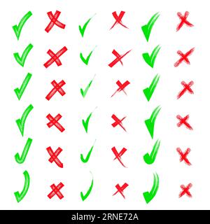 Oui et non Forme rouge et verte. Brossez la collection de coches et de croix dessinées à la main. Griffonner, croquis à la plume. Coches dessinées à la main au crayon a Illustration de Vecteur