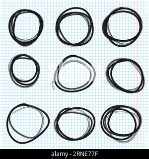 Croquis de lignes de cercles dessinés à la main sur les pages de cahier. Illustration de graffiti Doodle. Dessin circulaire griffonner griffonner des cercles ronds. Illustration de Vecteur